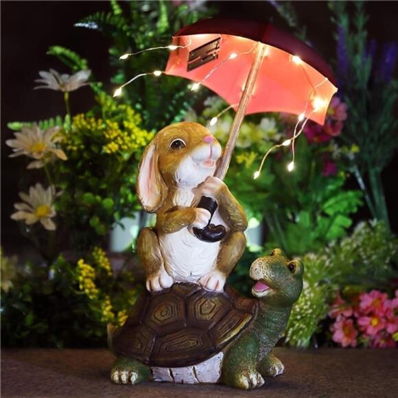 Solar Garden Statues Rabbit Turtle Garden Decor Figurine Lights for Outside - Picture 1 of 6